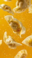 Dumplings flying chaotically in the air, bright saturated background, spotty colors, professional...