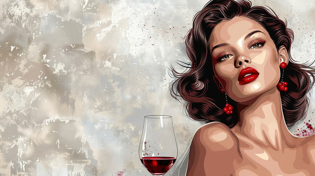 Woman with glass of red wine. Red wine color and her lips. Space for text
