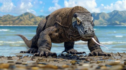 A Komodo dragon walking on the beach