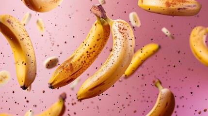 Fresh bananas flying chaotically in the air, bright saturated background, spotty colors, professional food photo - obrazy, fototapety, plakaty
