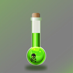 Glass bottle with a green liquid and a sign of skull and bones. The poison. Vector illustration