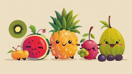 Isolated on a beige background, these cute cartoon tropical fruits are doing summer activities, including watermelon, pineapple, grape, kiwi, and cantaloupe melon.