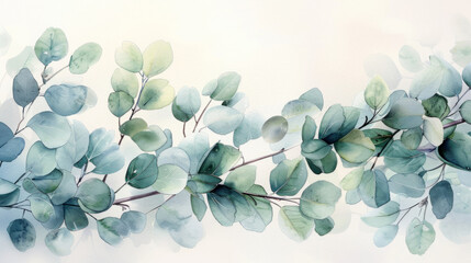 Watercolor painting capturing the beauty and simplicity of eucalyptus leaves in a lush, elegant composition on canvas. - obrazy, fototapety, plakaty