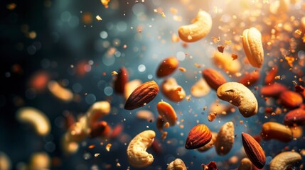Indian Nuts flying chaotically in the air, bright saturated background, spotty colors, professional food photo - obrazy, fototapety, plakaty
