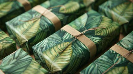 Innovative packaging made from recycled paper and plant-based inks, adorned with green leaf patterns to highlight its environmental friendliness.