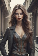 Fashion outdoor photo of beautiful sensual woman with dark hair in elegant dress and leather jacket
