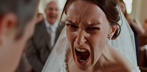 Bride in a wedding dress showing anger and frustration, with guests in the background. - Powered by Adobe