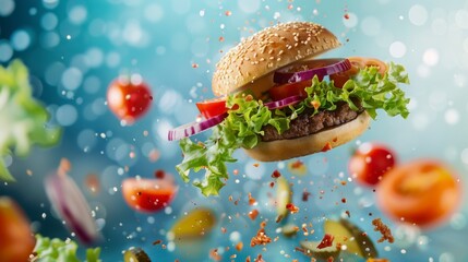 Ingredients for burger flying in the air, bright saturated background, spotty colors, professional food photo