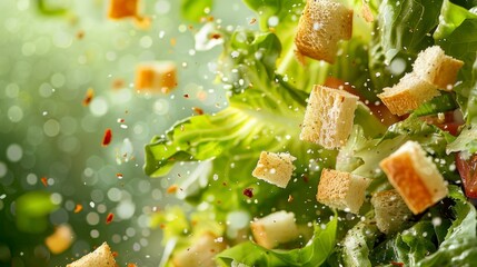 Ingredients for caesar salad flying in the air, bright saturated background, spotty colors, professional food photo  - obrazy, fototapety, plakaty