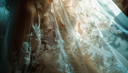 A close-up showcases the exquisite detail and craftsmanship of the lace embroidery on a bridal dress.