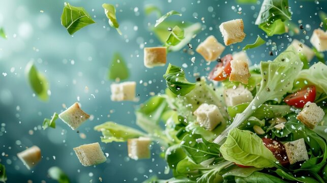 Ingredients for caesar salad flying in the air, bright saturated background, spotty colors, professional food photo