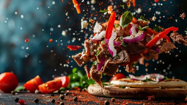 Ingredients for doner flying in the air, bright saturated background, spotty colors, professional food photo