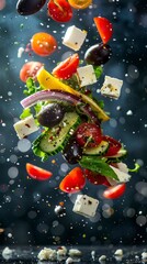 Ingredients for Greek salad flying in the air, bright saturated background, spotty colors, professional food photo 