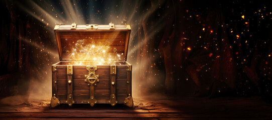 Opened Treasure Chest with Glowing Sparkles and Copy Space
