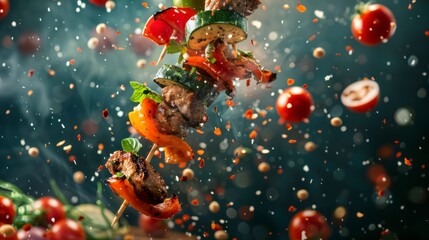 Ingredients for kebab flying in the air, bright saturated background, spotty colors, professional...