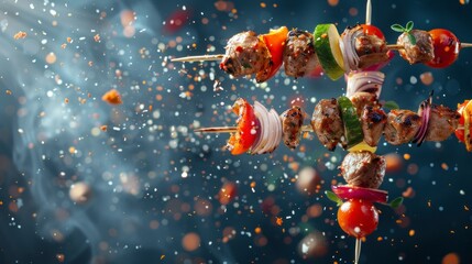 Ingredients for kebab flying in the air, bright saturated background, spotty colors, professional food photo