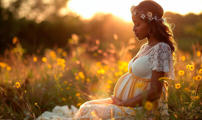 black pregnant woman in field at sunset