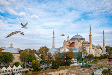 Ayasofya Museum, Hagia Sophia in Sultan Ahmet park in Istanbul, Turkey in a beautiful autumn day....