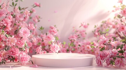 Fototapeta na wymiar Podium background flower rose product pink 3d spring table beauty stand display nature white. Garden rose floral summer background podium cosmetic valentine easter field scene gift pink day romantic