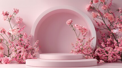 Fototapeta na wymiar Podium background flower rose product pink 3d spring table beauty stand display nature white. Garden rose floral summer background podium cosmetic valentine easter field scene gift pink day romantic