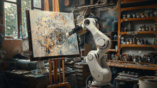 The fusion of technology and creativity through an artistic robot expertly painting on a canvas in a studio.