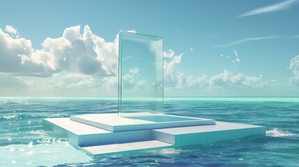 Featured in a 3D surreal summer beach scene design are product display stages on the sea water and a large stage on the square stage. - obrazy, fototapety, plakaty