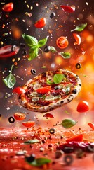 Ingredients for pizza flying in the air, bright saturated background, spotty colors, professional...