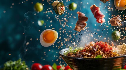 Ingredients for ramen flying in the air, bright saturated background, spotty colors, professional food photo