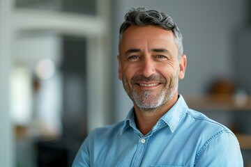 Obraz premium headshot of a successful man in a light blue office shirt, beaming with confidence. The background features a modern office with a soft bokeh effect, creating a sense of professionalism