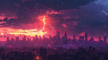 City Skyline Network: A 3D vector illustration of a city skyline during a thunderstorm - obrazy, fototapety, plakaty