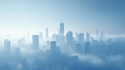 City Skyline Network: A 3D vector illustration of a city skyline during a foggy morning