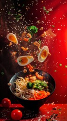 Ingredients for ramen flying in the air, bright saturated background, spotty colors, professional...