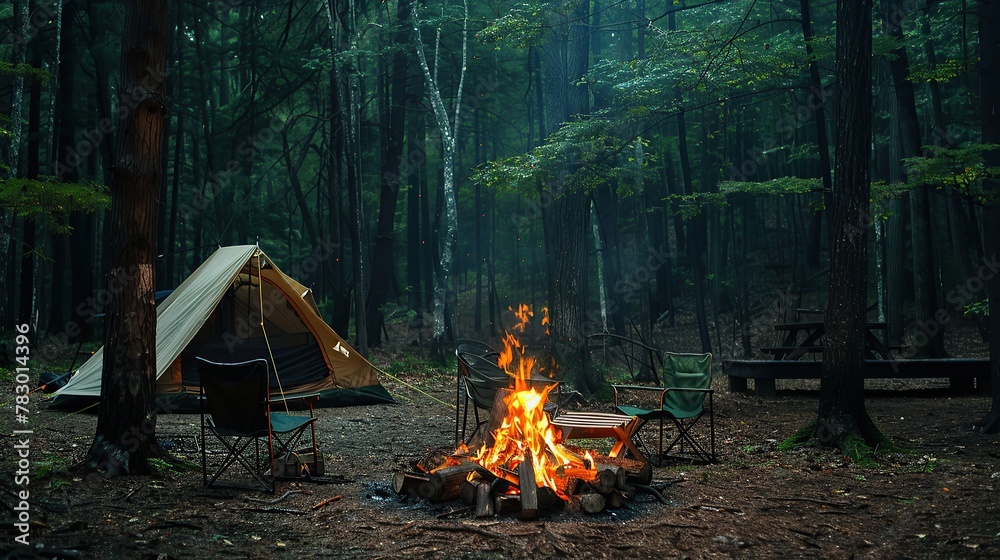 Wall mural beautiful bonfire with burning firewood near chairs and camping tent in forest. campfire by a chairs