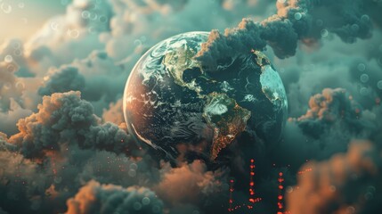 Climate Change: A 3D vector illustration of a globe with industrial smokestacks emitting pollution - obrazy, fototapety, plakaty