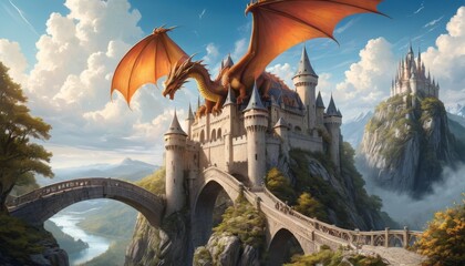 A fierce dragon soars above an enchanting castle nestled on a high cliff, bridging realms of fantasy with its fiery wings against a serene sky.. AI Generation - obrazy, fototapety, plakaty