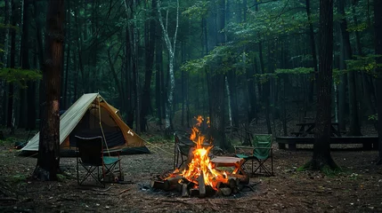 Fotobehang Beautiful bonfire with burning firewood near chairs and camping tent in forest. Campfire by a chairs and a tent. copy space for text. © Naknakhone