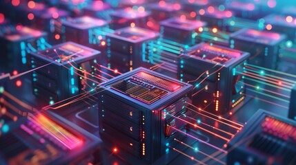 Data Transfer: A 3D vector illustration of a data center with data being transferred between servers - obrazy, fototapety, plakaty