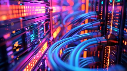 Fototapeta premium Data Transfer: A 3D vector illustration of a server room with data cables connected to servers