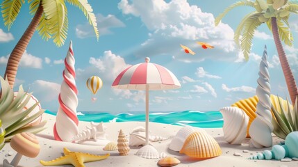 A summer beach scene with seashells and parasols in a 3D illustration of a product display.