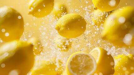 Lemons flying chaotically in the air, bright saturated background, spotty colors, professional food photo