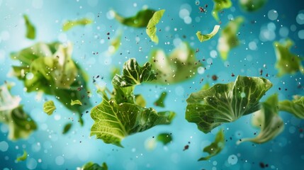 Lettuce leaves flying chaotically in the air, bright saturated background, spotty colors, professional food photo - obrazy, fototapety, plakaty