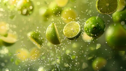 Limes flying chaotically in the air, bright saturated background, spotty colors, professional food photo