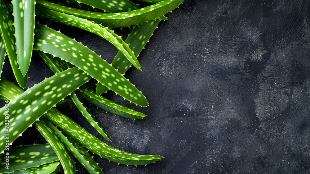 Poster Fresh leaves of aloe vera on dark slate background.