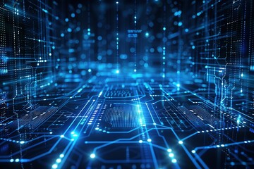 abstract composition pulsates with energy. Vivid blue hues, illuminated data connections, and intricate circuit patterns combine to form a captivating backdrop for presentations