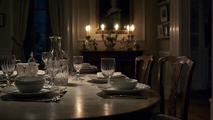 Fototapeta na wymiar A chilling scene of a dining table at midnight, plates and glasses untouched as if awaiting ghostly guests Generative AI