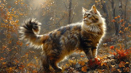Norwegian Forest Cat Standing Tall Amidst Forest Glade, Thick Mane of Fur Glistening in Sunlight