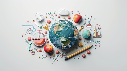 Education and Knowledge: A 3D vector illustration of a globe surrounded by educational icons such as a ruler