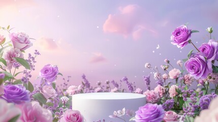 Podium background flower rose product purple 3d spring table beauty stand display nature white. Garden rose floral summer background podium cosmetic valentine field scene gift purple day romantic