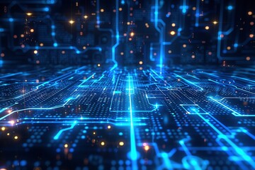 Obraz premium abstract composition pulsates with energy. Vivid blue hues, illuminated data connections, and intricate circuit patterns combine to form a captivating backdrop for presentations