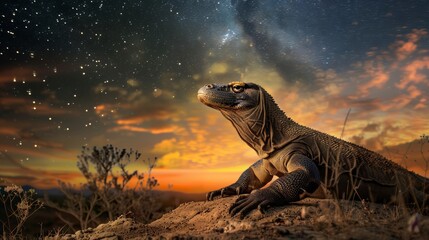 A Komodo dragon laying in the grass, looking up at the sky